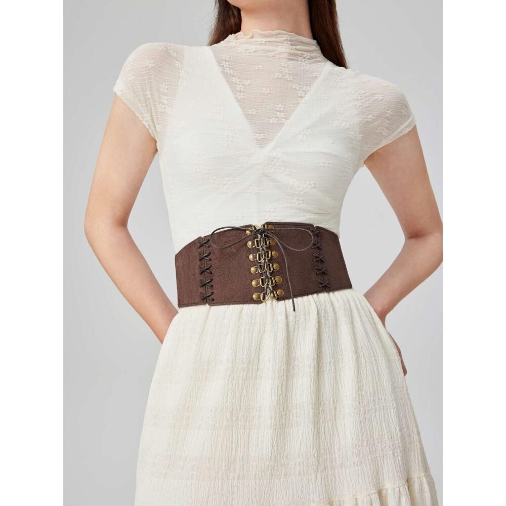 8645 Women Leather Corset Belt Elastic Stretch Wide Wasit Lace-up - Picture 2 of 6